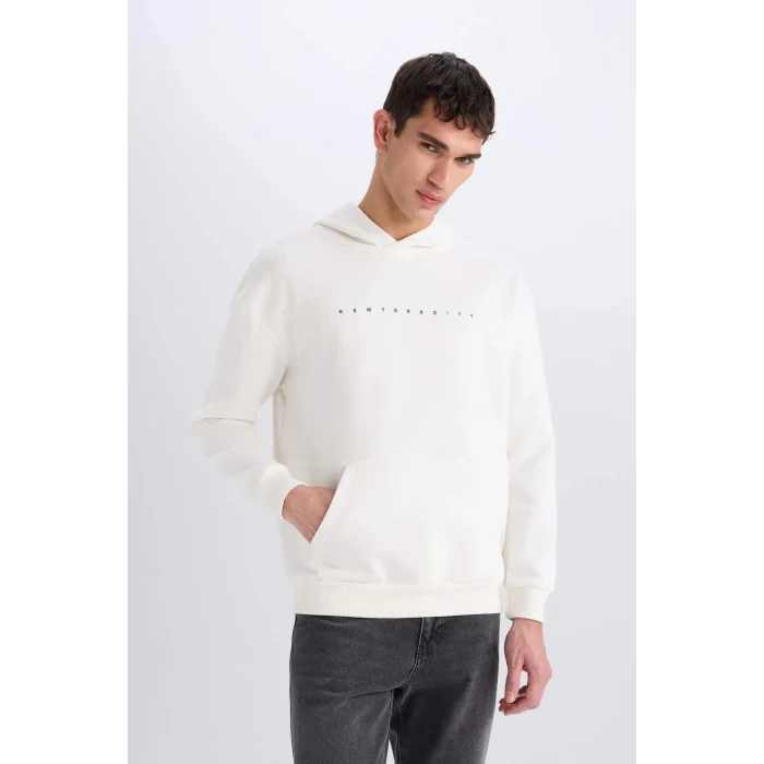 Defacto D8021 Ekru Boxy Fit Kapüşonlu Sırt Baskılı Sweatshirt