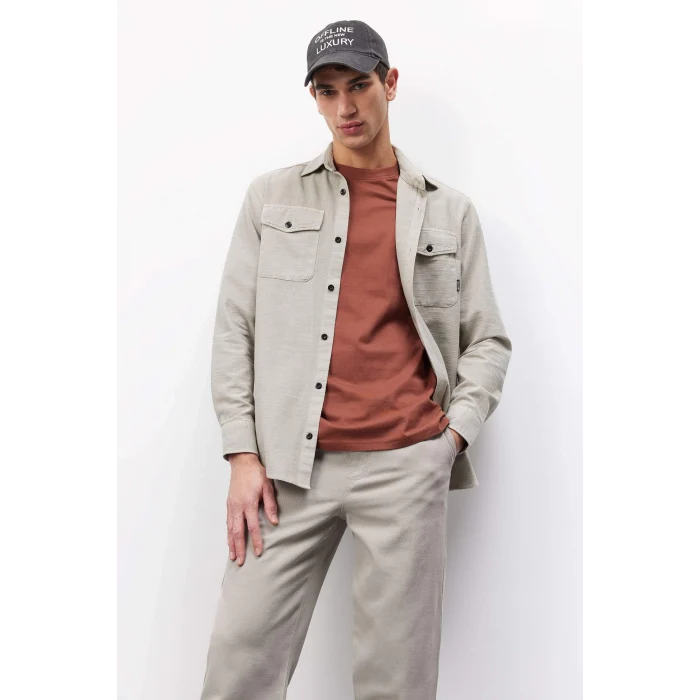 Defacto B2654 Bej %100 Pamuk Regular Fit Polo Yaka Basic Düz Uzun Kollu Gömlek