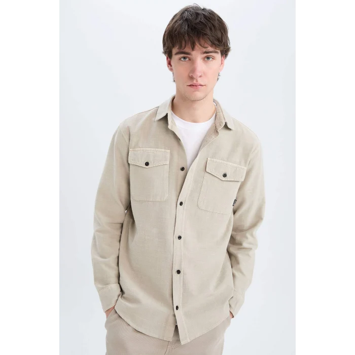 Defacto B2654 Bej %100 Pamuk Regular Fit Polo Yaka Basic Düz Uzun Kollu Gömlek