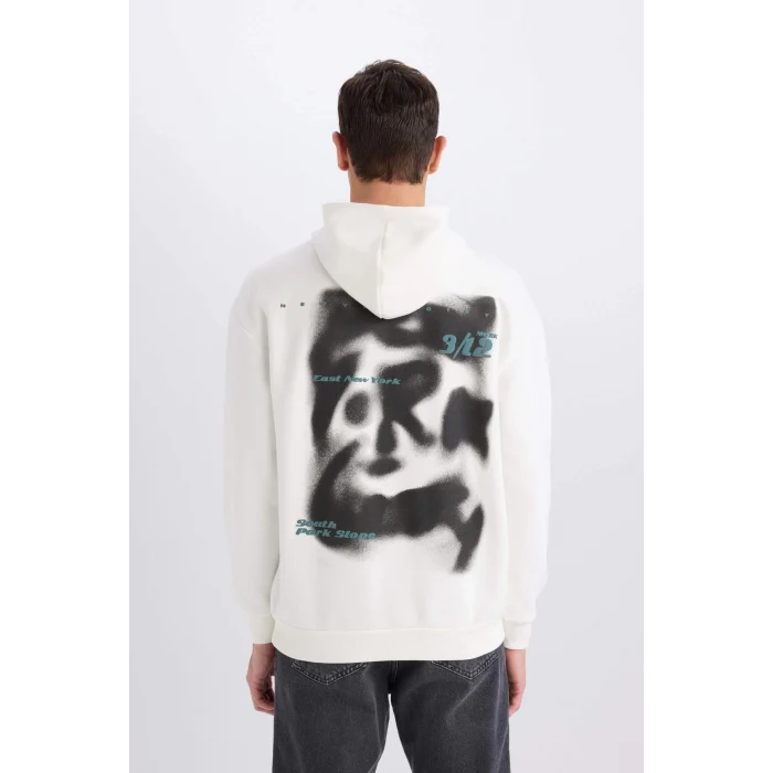 Defacto D8021 Ekru Boxy Fit Kapüşonlu Sırt Baskılı Sweatshirt
