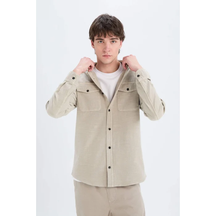 Defacto B2654 Bej %100 Pamuk Regular Fit Polo Yaka Basic Düz Uzun Kollu Gömlek