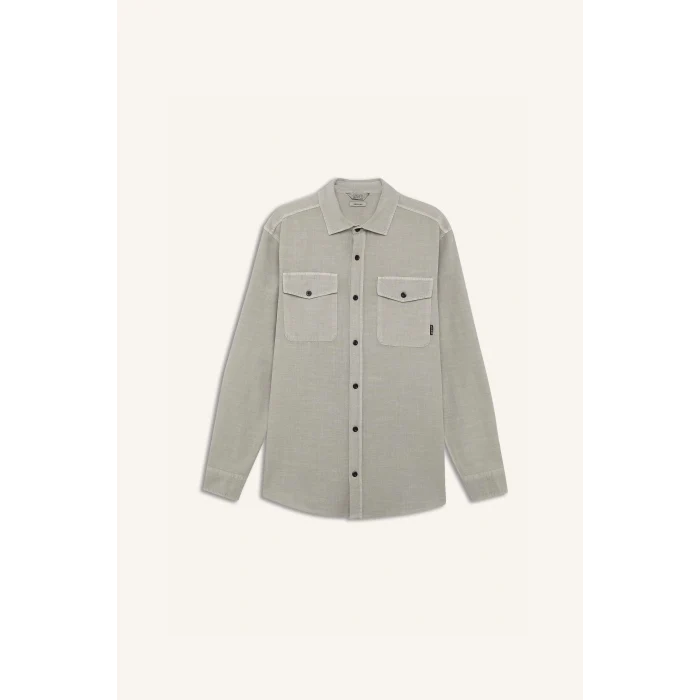 Defacto B2654 Bej %100 Pamuk Regular Fit Polo Yaka Basic Düz Uzun Kollu Gömlek