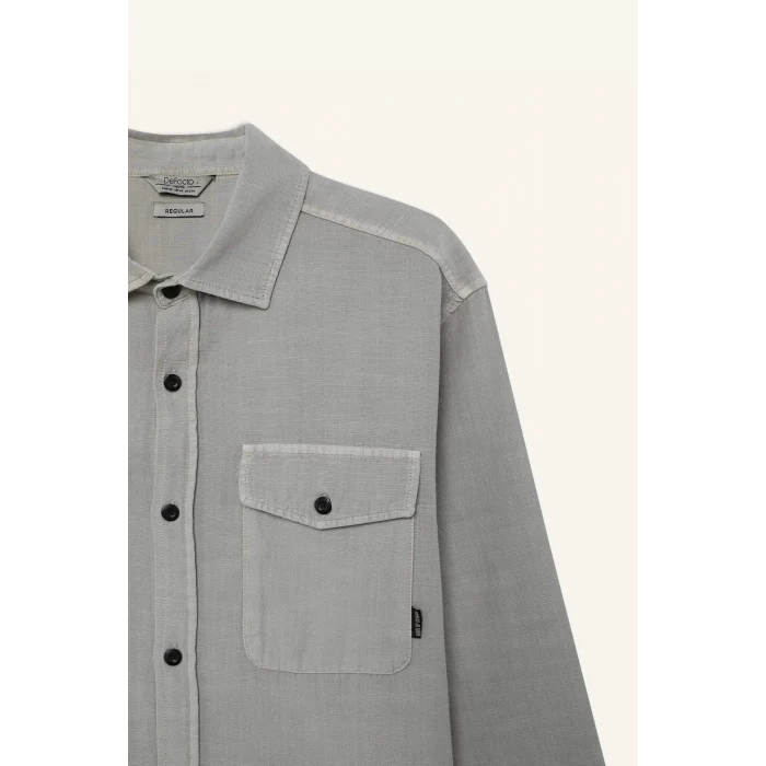 Defacto B2654 Bej %100 Pamuk Regular Fit Polo Yaka Basic Düz Uzun Kollu Gömlek