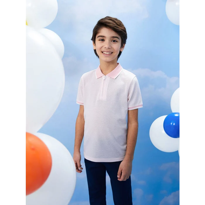 LCW Kids Pembe Polo Yaka Kendinden Desenli Kısa Kollu Erkek Çocuk Tişört