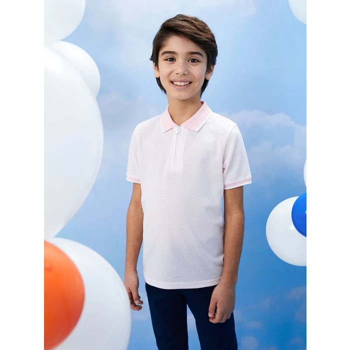 LCW Kids Pembe Polo Yaka Kendinden Desenli Kısa Kollu Erkek Çocuk Tişört