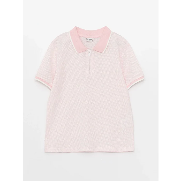 LCW Kids Pembe Polo Yaka Kendinden Desenli Kısa Kollu Erkek Çocuk Tişört