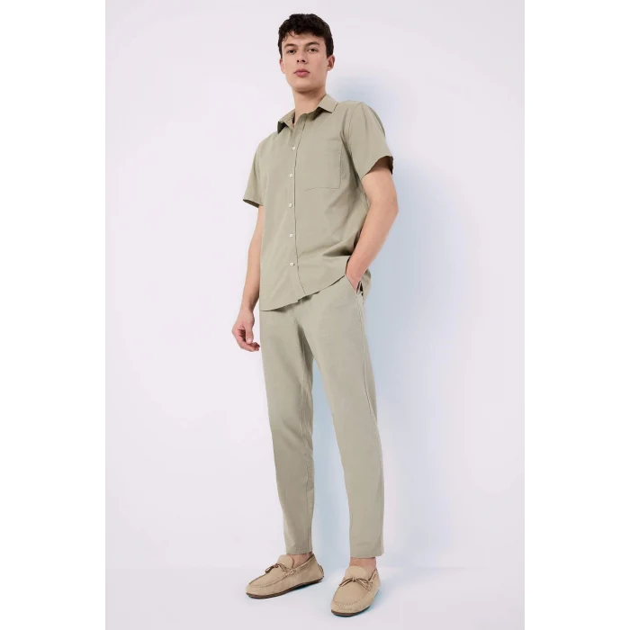 Defacto Z6475 Haki %100 Pamuk Keten Görünümlü Yazlık Jogger Pantolon Dar Paça Beli Bağcıklı Lastikli Cepli