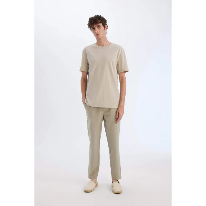 Defacto Z6475 Haki %100 Pamuk Keten Görünümlü Yazlık Jogger Pantolon Dar Paça Beli Bağcıklı Lastikli Cepli