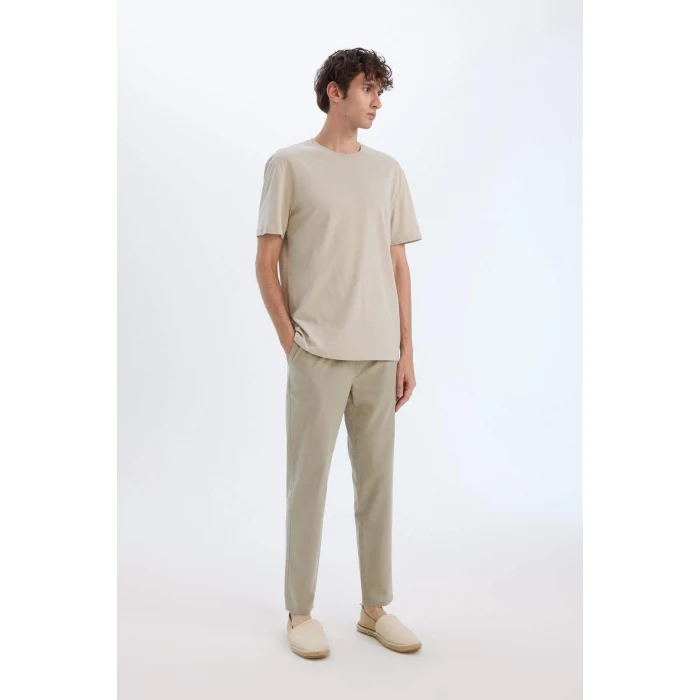 Defacto Z6475 Haki %100 Pamuk Keten Görünümlü Yazlık Jogger Pantolon Dar Paça Beli Bağcıklı Lastikli Cepli