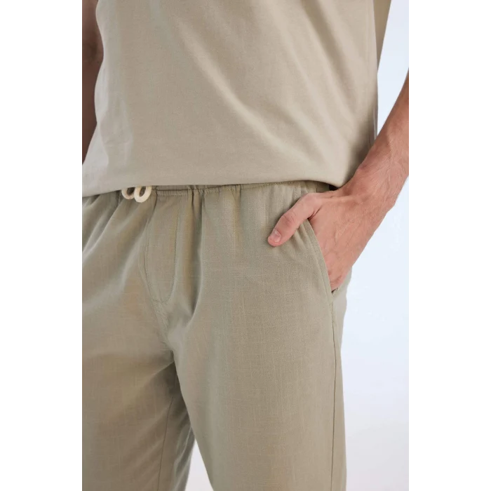 Defacto Z6475 Haki %100 Pamuk Keten Görünümlü Yazlık Jogger Pantolon Dar Paça Beli Bağcıklı Lastikli Cepli