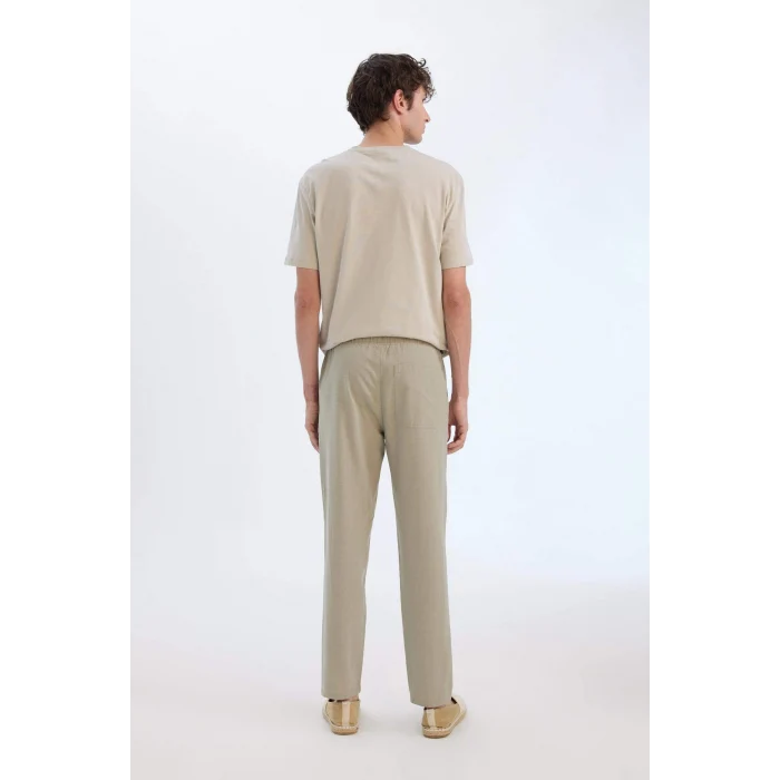Defacto Z6475 Haki %100 Pamuk Keten Görünümlü Yazlık Jogger Pantolon Dar Paça Beli Bağcıklı Lastikli Cepli