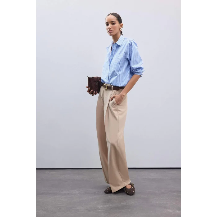 Defacto E5329 Mavi Coool Oversize Geniş Kalıp Çizgili Poplin Uzun Kollu Gömlek