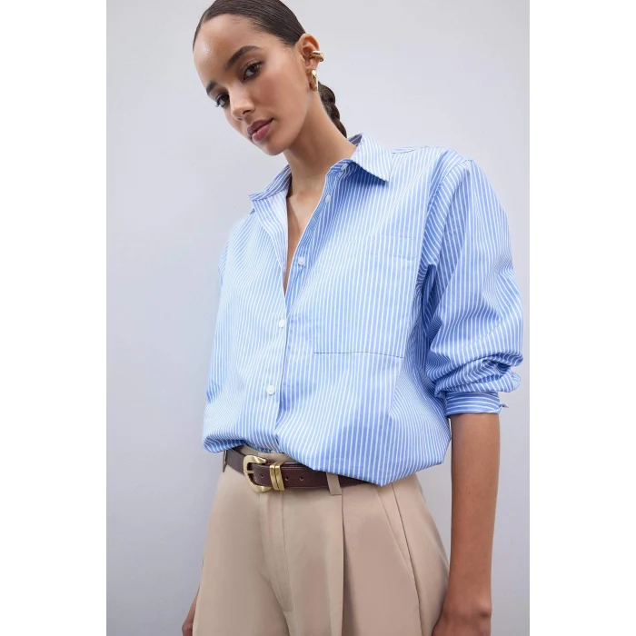 Defacto E5329 Mavi Coool Oversize Geniş Kalıp Çizgili Poplin Uzun Kollu Gömlek