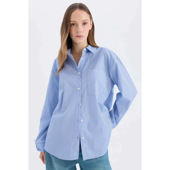 Defacto E5329 Mavi Coool Oversize Geniş Kalıp Çizgili Poplin Uzun Kollu Gömlek