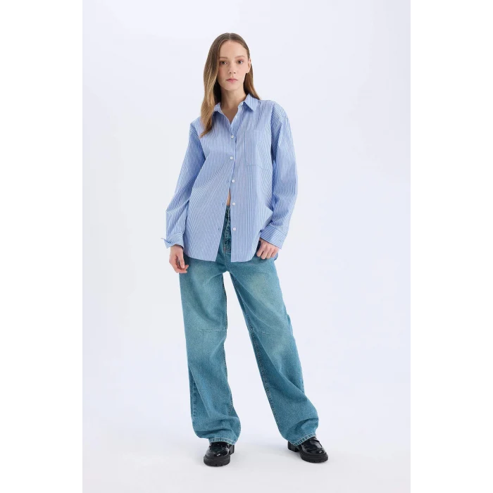 Defacto E5329 Mavi Coool Oversize Geniş Kalıp Çizgili Poplin Uzun Kollu Gömlek