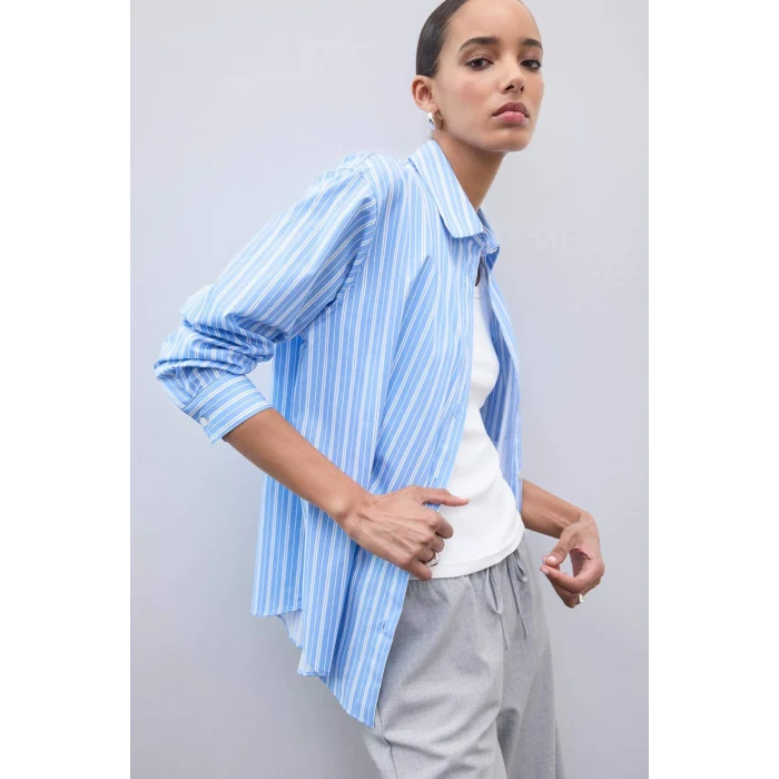 Defacto E2205 Mavi Oversize Geniş Kalıp Çizgili Poplin Uzun Kollu Gömlek