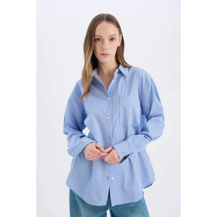 Defacto E5329 Mavi Coool Oversize Geniş Kalıp Çizgili Poplin Uzun Kollu Gömlek