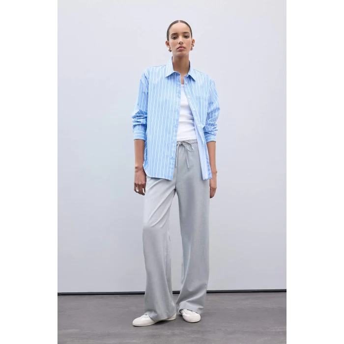 Defacto E2205 Mavi Oversize Geniş Kalıp Çizgili Poplin Uzun Kollu Gömlek