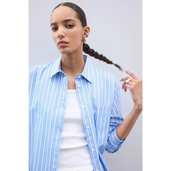 Defacto E2205 Mavi Oversize Geniş Kalıp Çizgili Poplin Uzun Kollu Gömlek