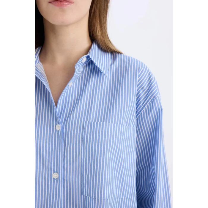 Defacto E5329 Mavi Coool Oversize Geniş Kalıp Çizgili Poplin Uzun Kollu Gömlek