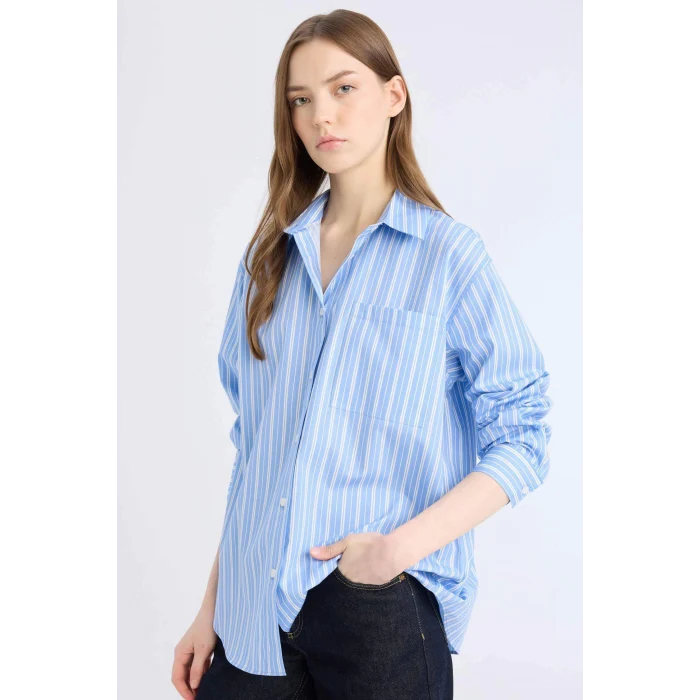 Defacto E2205 Mavi Oversize Geniş Kalıp Çizgili Poplin Uzun Kollu Gömlek