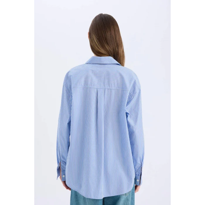 Defacto E5329 Mavi Coool Oversize Geniş Kalıp Çizgili Poplin Uzun Kollu Gömlek
