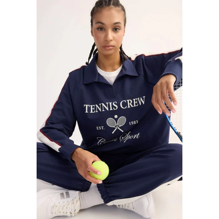 Defacto D7131 Lacivert DeFactoFit Oversize Geniş Kalıp Polo Yaka Baskılı Sporcu Sweatshirt