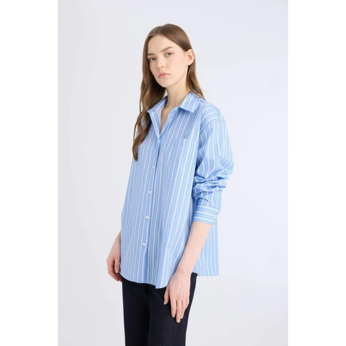 Defacto E2205 Mavi Oversize Geniş Kalıp Çizgili Poplin Uzun Kollu Gömlek