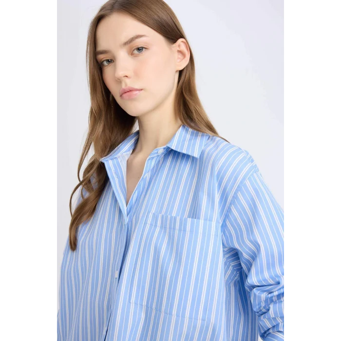 Defacto E2205 Mavi Oversize Geniş Kalıp Çizgili Poplin Uzun Kollu Gömlek