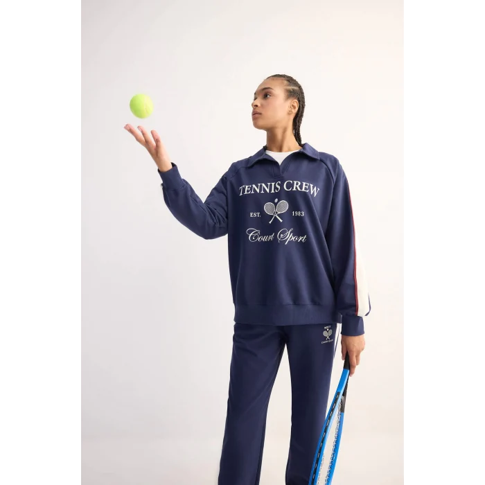 Defacto D7131 Lacivert DeFactoFit Oversize Geniş Kalıp Polo Yaka Baskılı Sporcu Sweatshirt