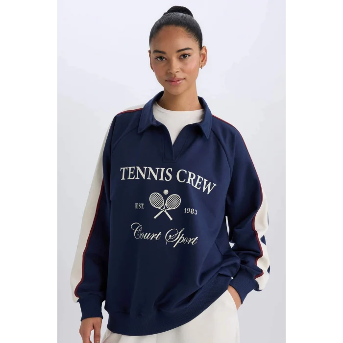 Defacto D7131 Lacivert DeFactoFit Oversize Geniş Kalıp Polo Yaka Baskılı Sporcu Sweatshirt