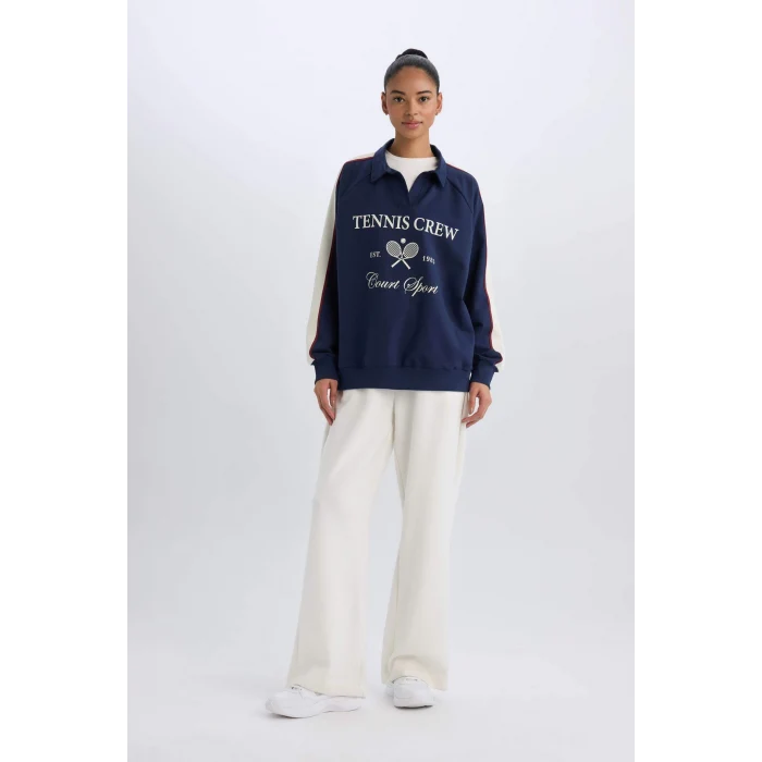 Defacto D7131 Lacivert DeFactoFit Oversize Geniş Kalıp Polo Yaka Baskılı Sporcu Sweatshirt