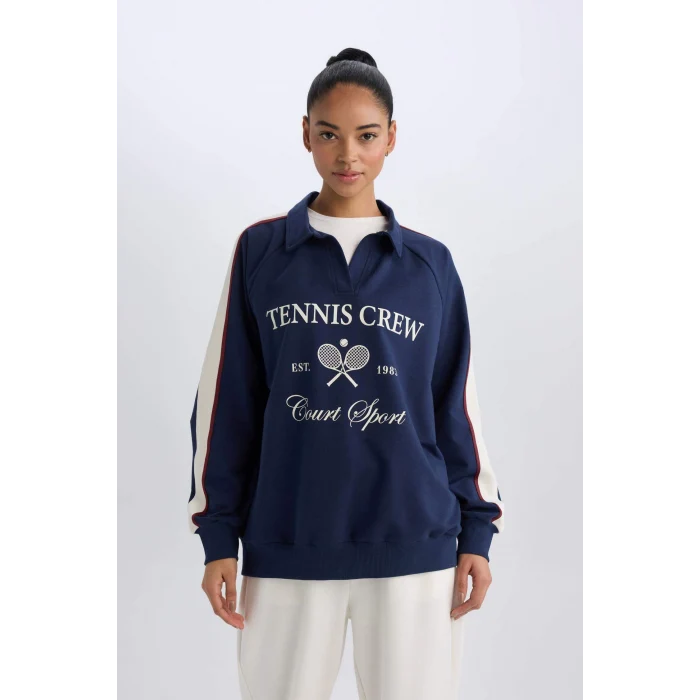 Defacto D7131 Lacivert DeFactoFit Oversize Geniş Kalıp Polo Yaka Baskılı Sporcu Sweatshirt