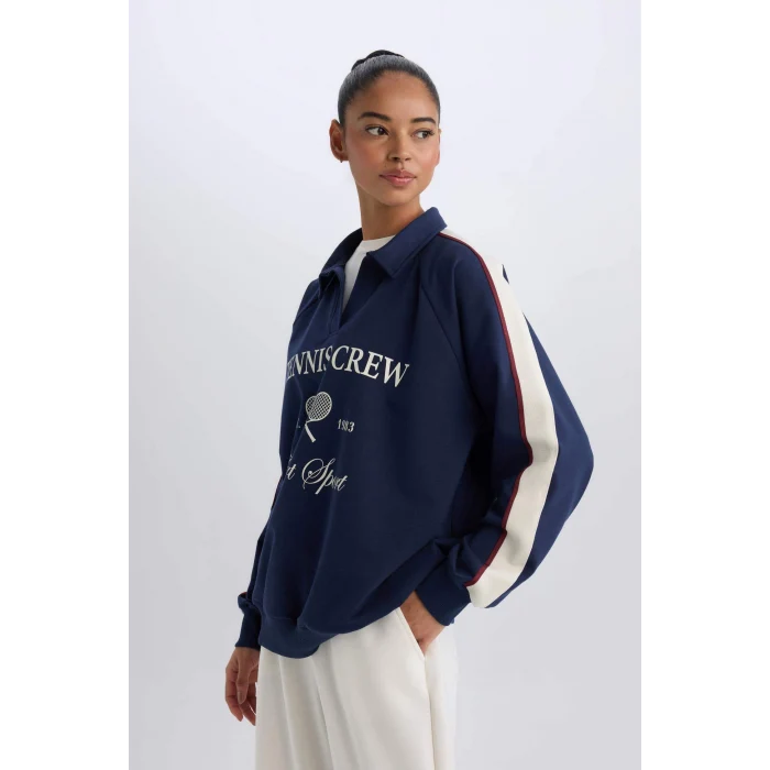 Defacto D7131 Lacivert DeFactoFit Oversize Geniş Kalıp Polo Yaka Baskılı Sporcu Sweatshirt