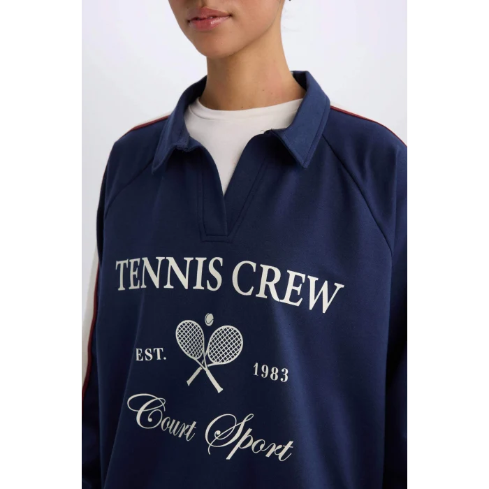 Defacto D7131 Lacivert DeFactoFit Oversize Geniş Kalıp Polo Yaka Baskılı Sporcu Sweatshirt