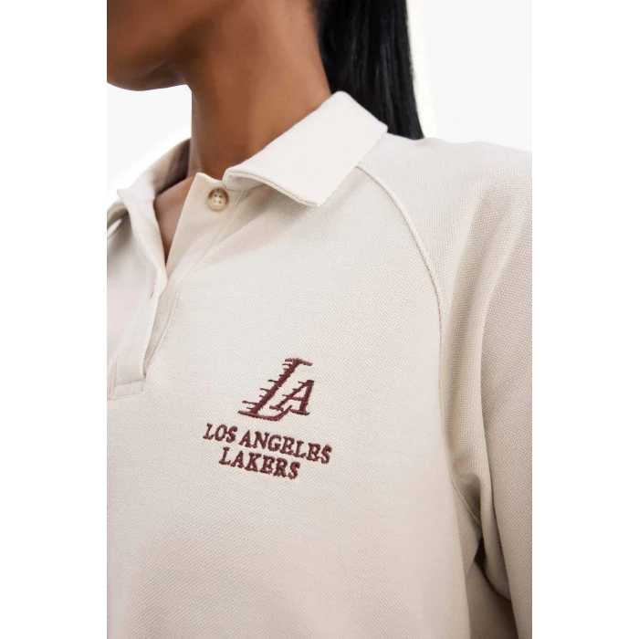 Defacto D6152 Bej DeFactoFit NBA Los Angeles Lakers Polo Yaka Pike Sweatshirt