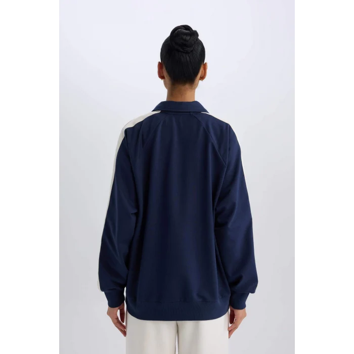 Defacto D7131 Lacivert DeFactoFit Oversize Geniş Kalıp Polo Yaka Baskılı Sporcu Sweatshirt