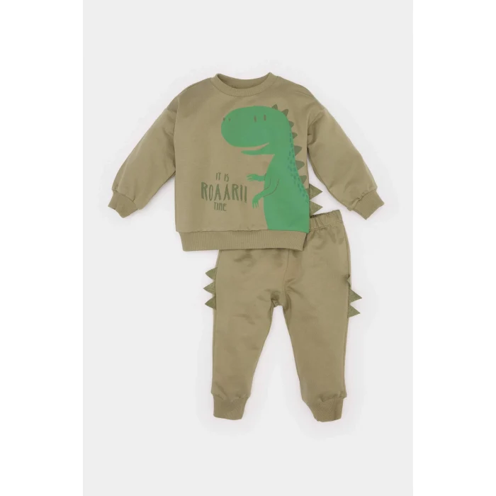 Defacto E4910 Haki Erkek Bebek 2li Takım Dinazor Baskılı Sweatshirt Beli Lastikli Eşofman Altı