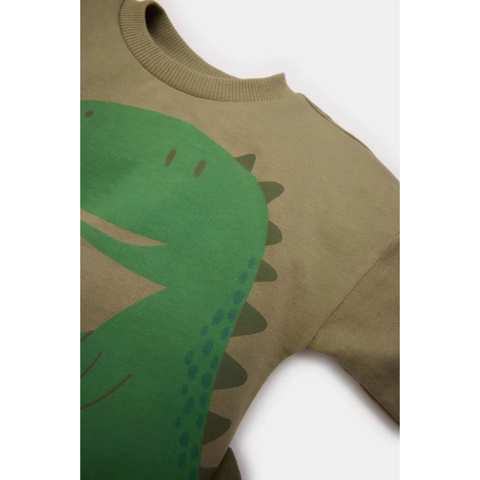 Defacto E4910 Haki Erkek Bebek 2li Takım Dinazor Baskılı Sweatshirt Beli Lastikli Eşofman Altı