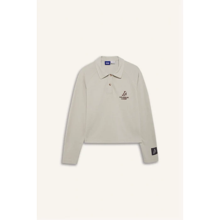 Defacto D6152 Bej DeFactoFit NBA Los Angeles Lakers Polo Yaka Pike Sweatshirt