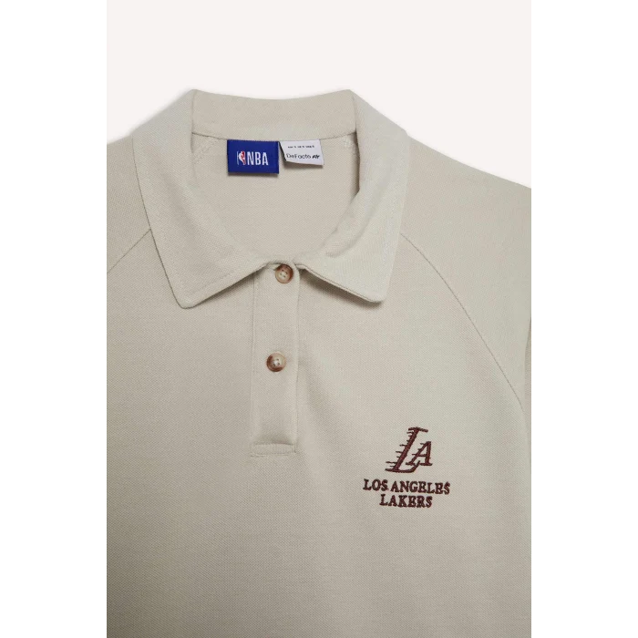Defacto D6152 Bej DeFactoFit NBA Los Angeles Lakers Polo Yaka Pike Sweatshirt