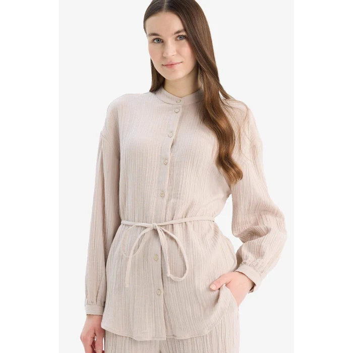 Defacto E1107 Bej Relax Fit Basic Düz Bağcıklı Müslin Uzun Kollu Gömlek