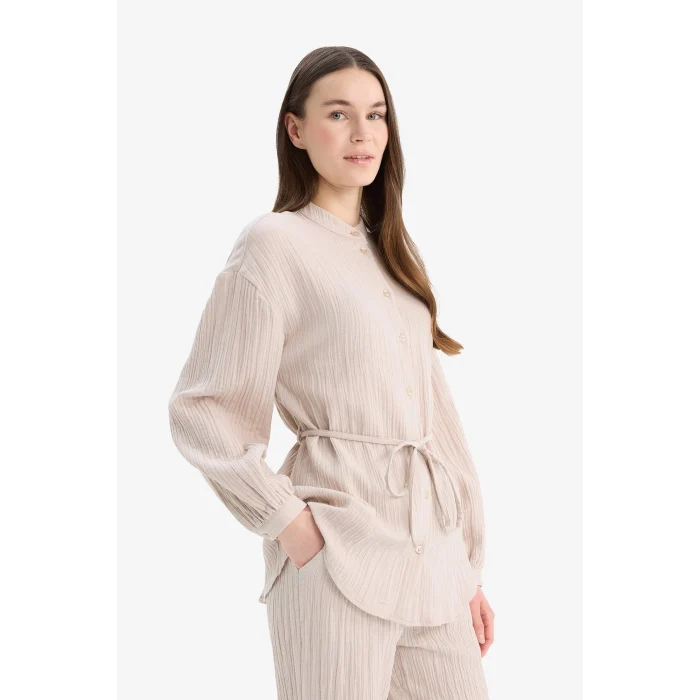 Defacto E1107 Bej Relax Fit Basic Düz Bağcıklı Müslin Uzun Kollu Gömlek