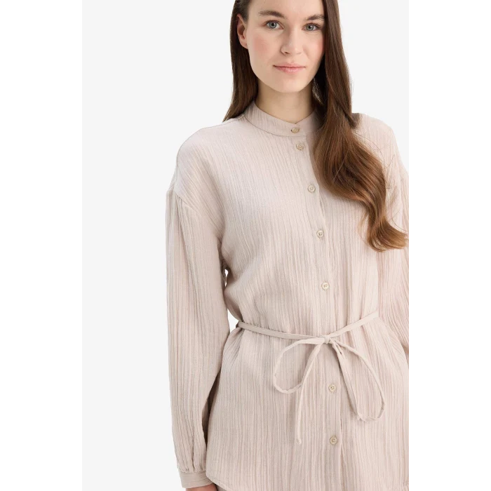 Defacto E1107 Bej Relax Fit Basic Düz Bağcıklı Müslin Uzun Kollu Gömlek