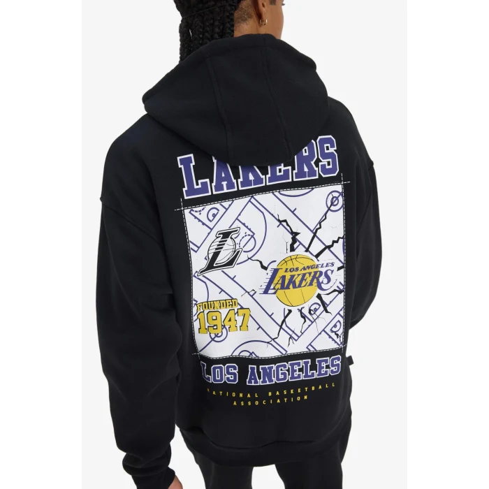 Defacto D8489 Siyah DeFactoFit NBA Los Angeles Lakers Oversize Geniş Kalıp Kapüşonlu Kalın Sweatshirt