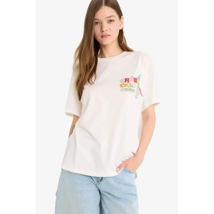 Defacto F5167 Beyaz Coool Disney Mickey & Minnie Oversize Geniş Kalıp Baskılı Kısa Kollu Tişört