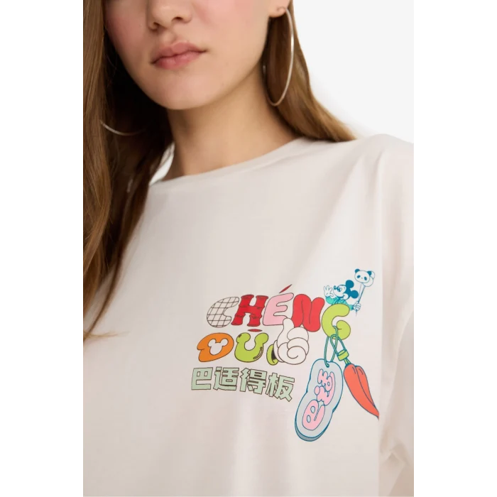 Defacto F5167 Beyaz Coool Disney Mickey & Minnie Oversize Geniş Kalıp Baskılı Kısa Kollu Tişört