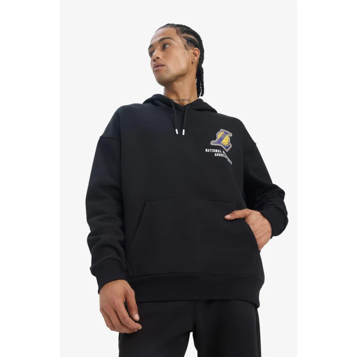 Defacto D8489 Siyah DeFactoFit NBA Los Angeles Lakers Oversize Geniş Kalıp Kapüşonlu Kalın Sweatshirt