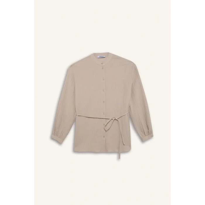 Defacto E1107 Bej Relax Fit Basic Düz Bağcıklı Müslin Uzun Kollu Gömlek
