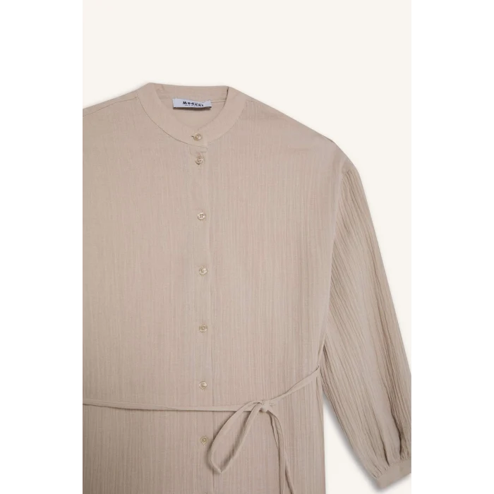 Defacto E1107 Bej Relax Fit Basic Düz Bağcıklı Müslin Uzun Kollu Gömlek